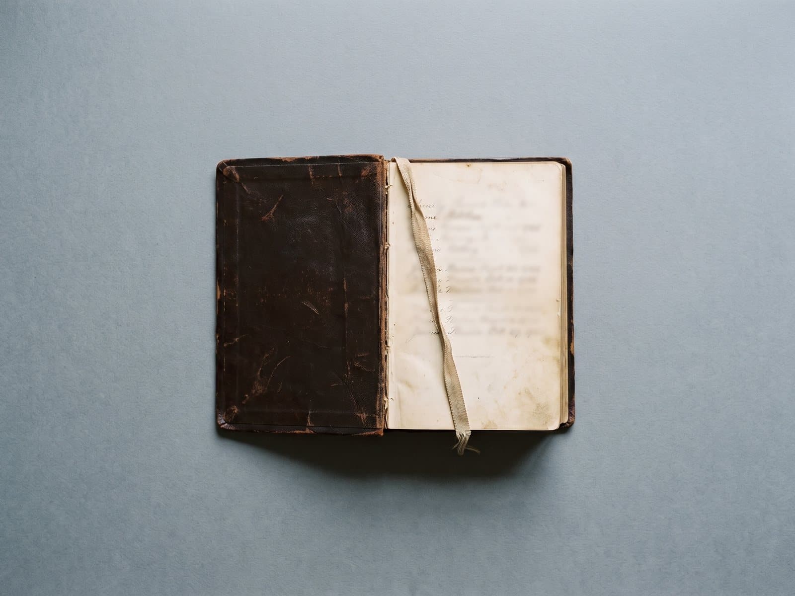 An old family Bible, open at its flyleaf, with a ribbon marker across the page.