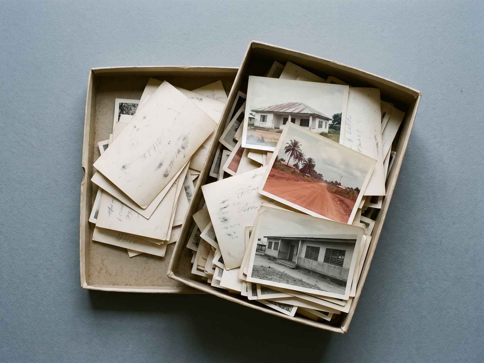 A worn shoebox full of loose photographic prints, most lying face down.