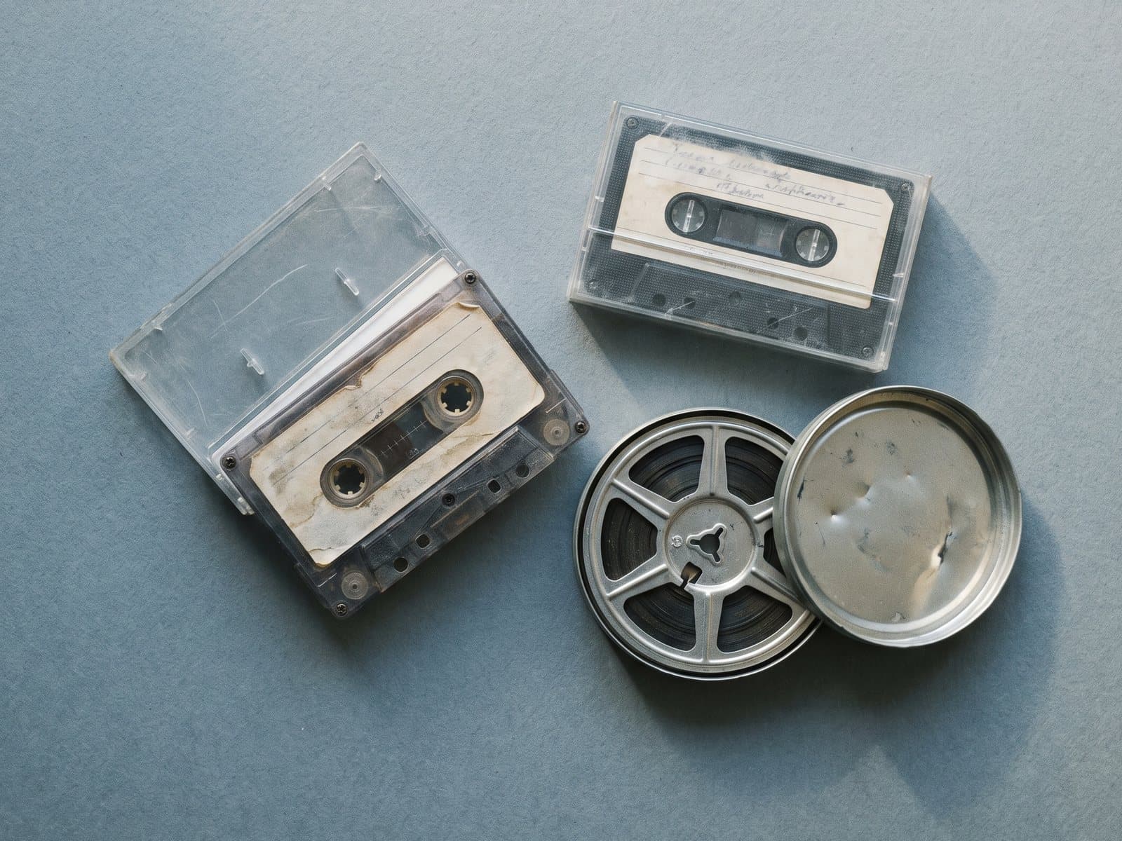 Two cassette tapes with handwritten labels beside a small film reel in an open tin.